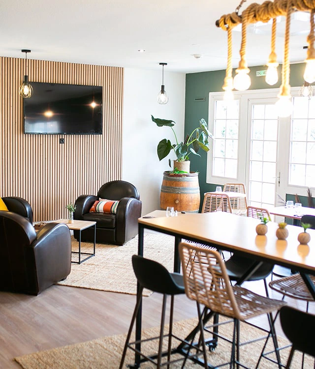 Sala de descanso con sillones de cuero y decoración natural en el Hôtel Bordeaux Porte du Bassin