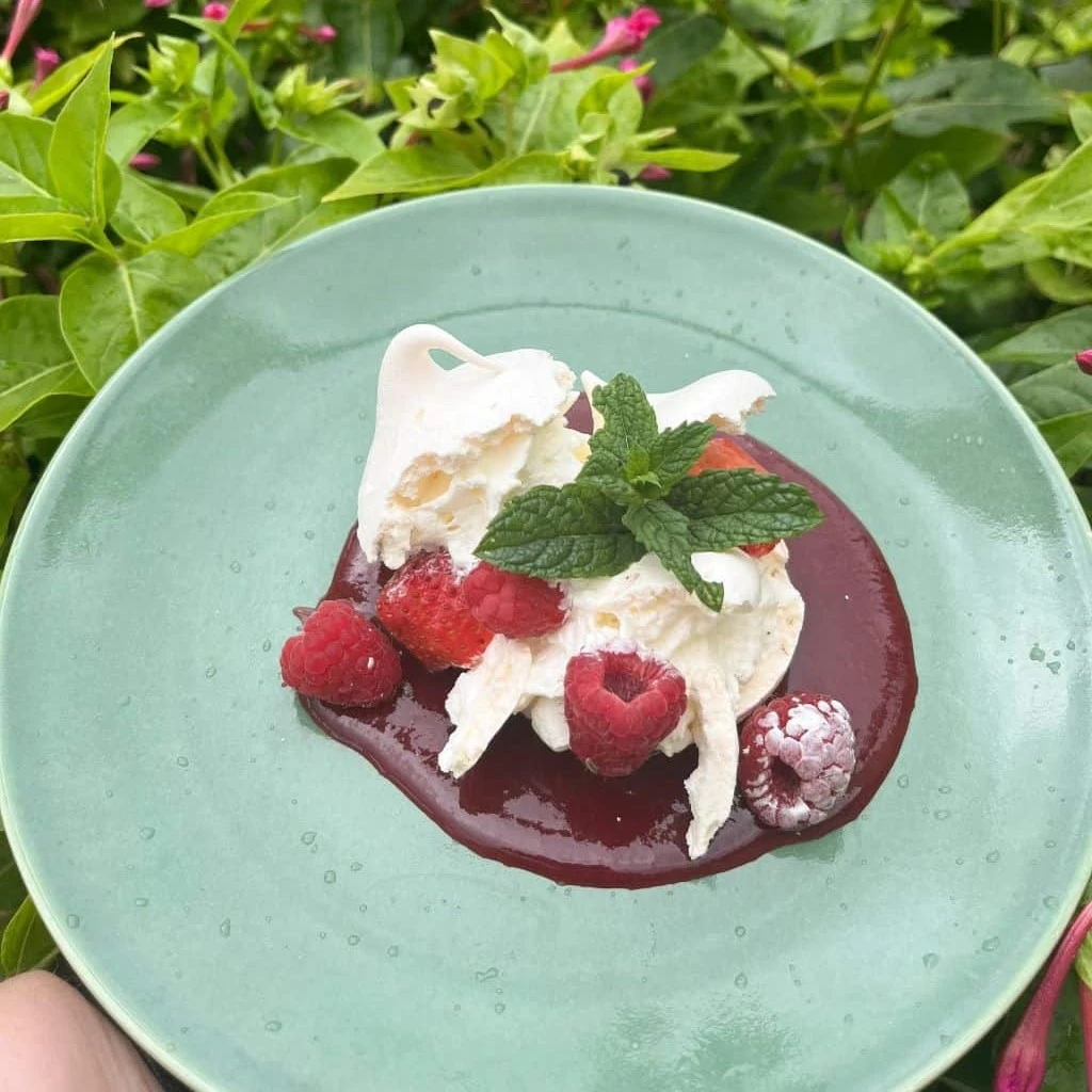 Dessert meringue framboises coulis - Restaurant Hôtel Porte du Bassin Bordeaux